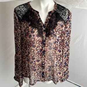 Miss Me multicolor sheer mixed media rhinestone button roll up sleeves blouse